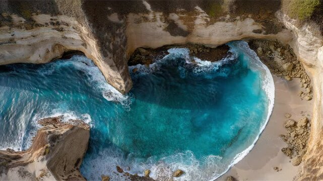 Turquoise ocean water flows gently along rocky cliffs and sandy beach in peaceful coastal cove