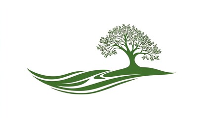 Obraz premium A minimalist vector logo showcases a serene tree gracefully positioned beside a flowing river, rendered in calming shades of green.