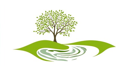 A minimalist vector illustration showcases a stylized tree gracefully curving alongside a calm, flowing river, rendered in soothing shades of green.