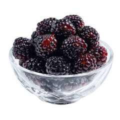 Title: Small Clear Glass Bowl Filled with Ripe Blackberries on Transparent Background

