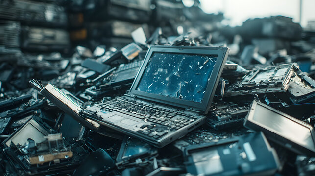 Pile of old used laptop computers digital tablets smartphones for recycling on white table Planned