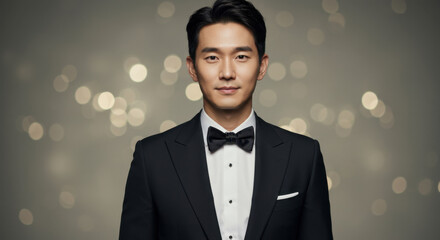 Elegant Asian Man in Black Tuxedo with Bow Tie Against Soft Bokeh Background
