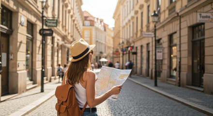 Young Female Tourist Exploring European City Street with Map on Sunny Day