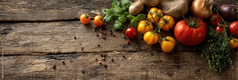 Poster fresh produce scattered on rustic wood background showcasing vibrant colors and textures in a natura