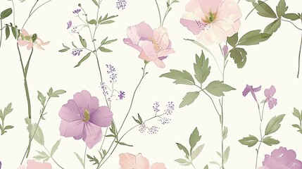 Floral Pattern Design with Pink and Purple Flowers, Green Leaves