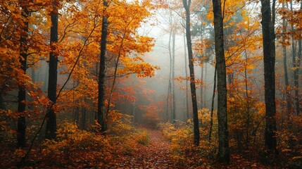 Fototapeta premium A misty forest with golden, orange, and red autumn leaves