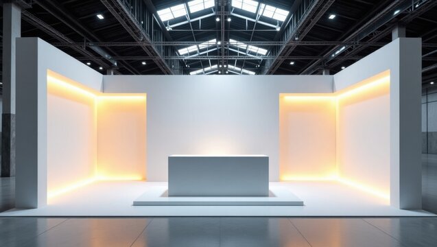 Stand de exposici&oacute;n empresarial blanco en blanco con podio central, paneles de pared retroiluminados y suelo minimalista en un lugar espacioso