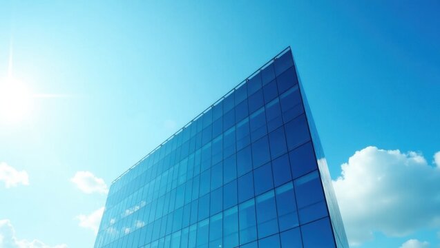 Edificio de oficinas de cristal con una arquitectura angular geom&eacute;trica y n&iacute;tida, ventanas reflectantes de piso a techo que reflejan el entorno