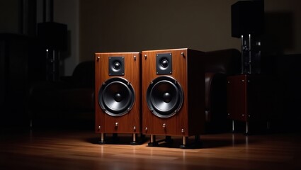 Altavoces estéreo de madera de alta gama con detalles cromados y subwoofer en una habitación oscura y atmosférica con foco suave