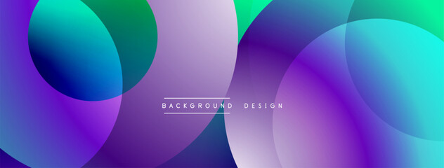 Abstract circles overlap, creating vibrant gradients. Purple, blue, green hues dominate design. Modern aesthetic, simple text element present.