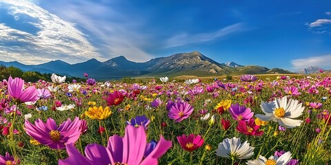 Obraz premium A vibrant flower field with pink, purple, yellow blooms stretching toward distant mountains under a clear blue sky.