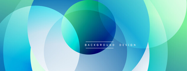 Abstract circles overlap, creating vibrant blue, green gradients. Modern design suggests fluidity, movement, depth. Background text reads background design.
