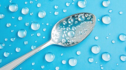 Macro Shot of Silver Spoon Covered in Water Droplets on Blue Background Studio Still Life Minimalist Clean Aesthetic Freshness Concept