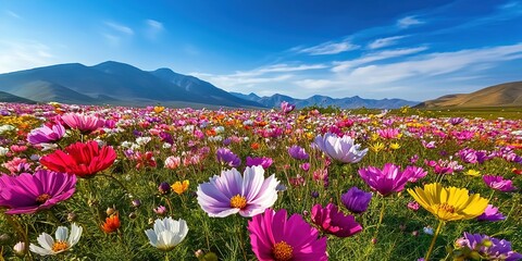 Obraz premium A vibrant flower field with pink, purple, yellow blooms stretching toward distant mountains under a clear blue sky.