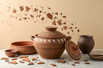 Ancient pottery art broken clay pots shards ceramic vessel still life