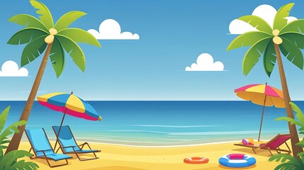 Fototapeta premium Illustration of a bright tropical beach with lounge chairs, colorful umbrellas, coconut trees and buoys on yellow sand