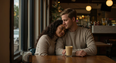 Affectionate Interracial Couple Enjoying a Quiet Moment Together in a Cozy Cafe