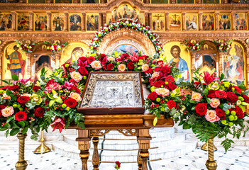 Ancient icon in front of the altar in an Orthodox church. Church of the Resurrection