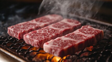 Fototapeta premium A chef skillfully preparing Wagyu beef on a hot grill, with the focus on the grill marks and tender marbling of the meat as it cooks to perfection