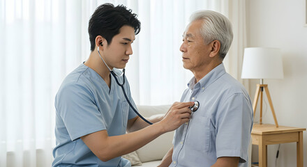 Obraz premium Compassionate Healthcare Professional Examining Senior Patient at Home Providing Medical Care Elderly Man Health Checkup Home Visit Doctor Nurse Asian Man