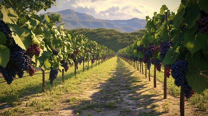 Fototapeta premium Vineyard view rows of grapevines under sunlight