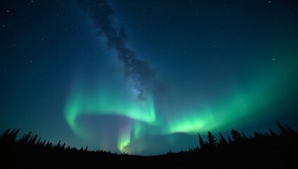 Beautiful display of the aurora borealis above a dark forest. The glowing green and purple lights swirl across the starry sky, offering a breathtaking celestial show