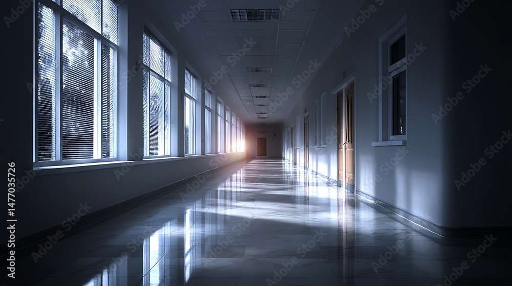 Poster empty hospital corridor with windows on the left and the lights of a sun