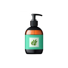 A bottle of natural hand lotion displayed on a white background, featuring a modern design and a label adorned with a green leaf illustration.