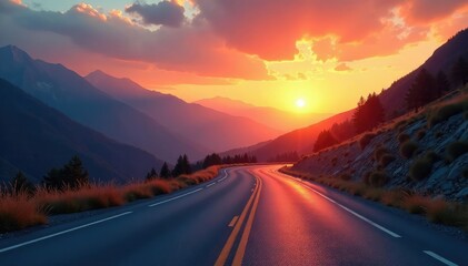 Lonely scenic highway winding through mountains, sunset, remote, far, mountains
