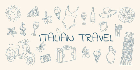 Fototapeta premium A blue and white poster with a variety of Italian travel items such as a scooter, a suitcase, a wine glass, a hat, and a pizza