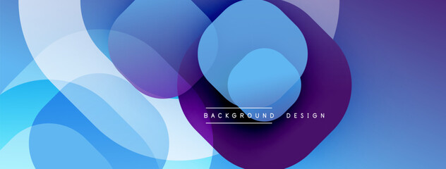 Abstract design features overlapping circles, gradients. Blue, purple hues dominate composition. Modern aesthetic, clean lines present.
