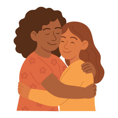 Two smiling women hugging each other with eyes closed, showing love, trust, and emotional support.