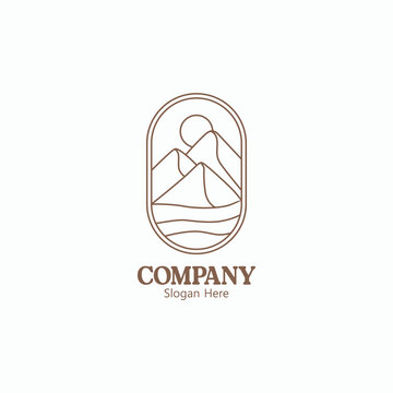Elegant Mountain and Sun Logo Design for Company Branding featuring minimalist line art and a serene landscape.