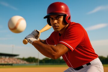 Focused teen baseball player in red uniform ready to swing at incoming pitch