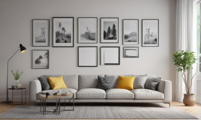 Bright living room, minimalist gallery wall mockup with empty black frames,  home decor,  home,  interior