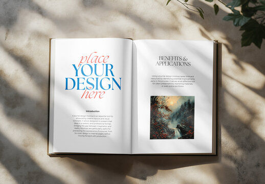 
Open Magazine Mockup on Textured Natural Background &ndash; Realistic Double-Page Layout for Editorial, Portfolio, and Print Presentation Projects