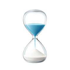 A clear hourglass filled with blue sand, showcasing the passage of time. The design emphasizes elegance and simplicity, perfect for conceptual representations of time management.