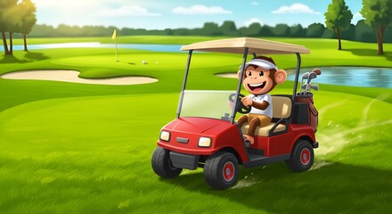Cartoon monkey, funny golf. Funny cartoon monkey driving a golf cart on a bright green golf course.