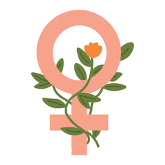Soft flat Venus sign with orange flower and green leaves, symbolizing femininity and growth. © exxxistence