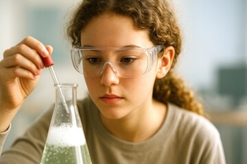 Young scientist conducting experiment with protective goggles and dropper in laboratory