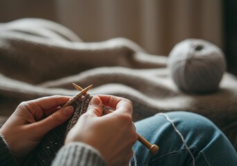 Obraz premium Close-up of hands knitting with wooden needles and soft yarn on a cozy couch
