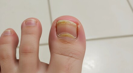 Realistic close-up of a fungal nail infection, emphasizing the brittleness, thickening, and uneven surface of the toenail, with a clean ceramic floor as a background.