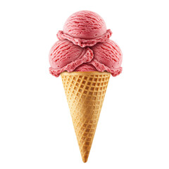 Three scoops of strawberry ice cream in a waffle cone against a clean background