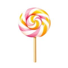 A colorful spiral lollipop with pink and yellow swirls, featuring a wooden stick on a white isolated background.