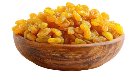 Title: Golden Yellow Raisins in Wooden Bowl Front View on Transparent Background

