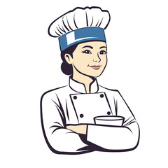 A confident female chef illustration wearing a blue chef hat and black uniform, with arms crossed, showcasing her culinary expertise and passion for cooking.