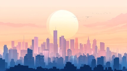 Fototapeta premium A vibrant cityscape skyline glows with the warm hues of a setting sun, showcasing towering buildings silhouetted against a fiery orange and pink sky.