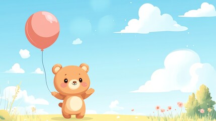 A cheerful, cartoon bear clutches a vibrant red balloon, suggesting a playful and whimsical scene.