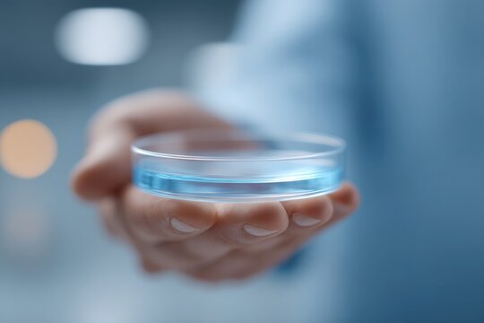 close-up image of scientist holding single cell petri dish in laboratory symbolizing bioethics with ample clean minimalistic