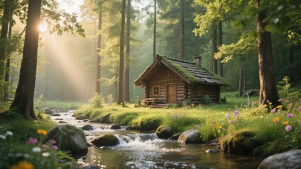 Obraz premium A rustic log cabin nestled in a serene forest beside a flowing stream